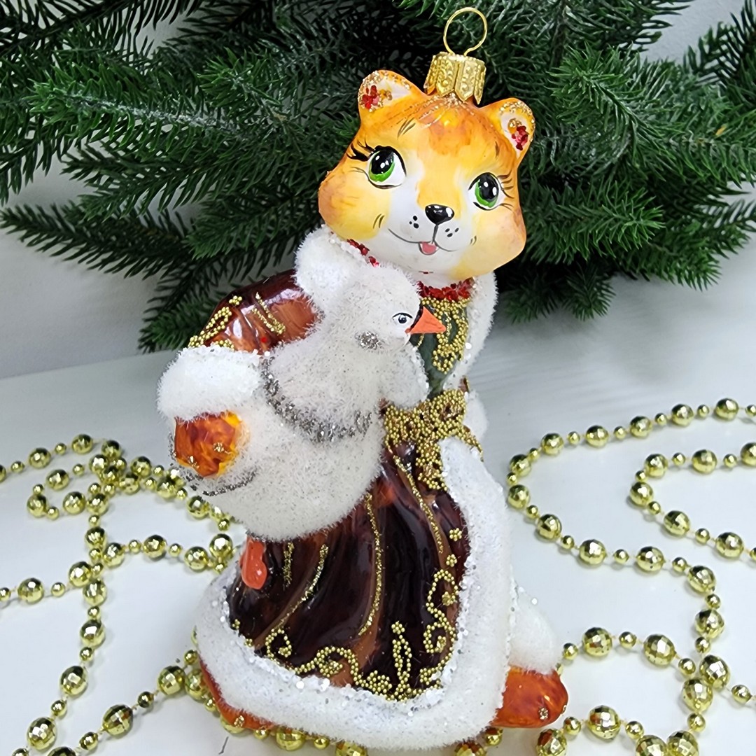 фото Стеклянная елочная игрушка Лиса с гусем