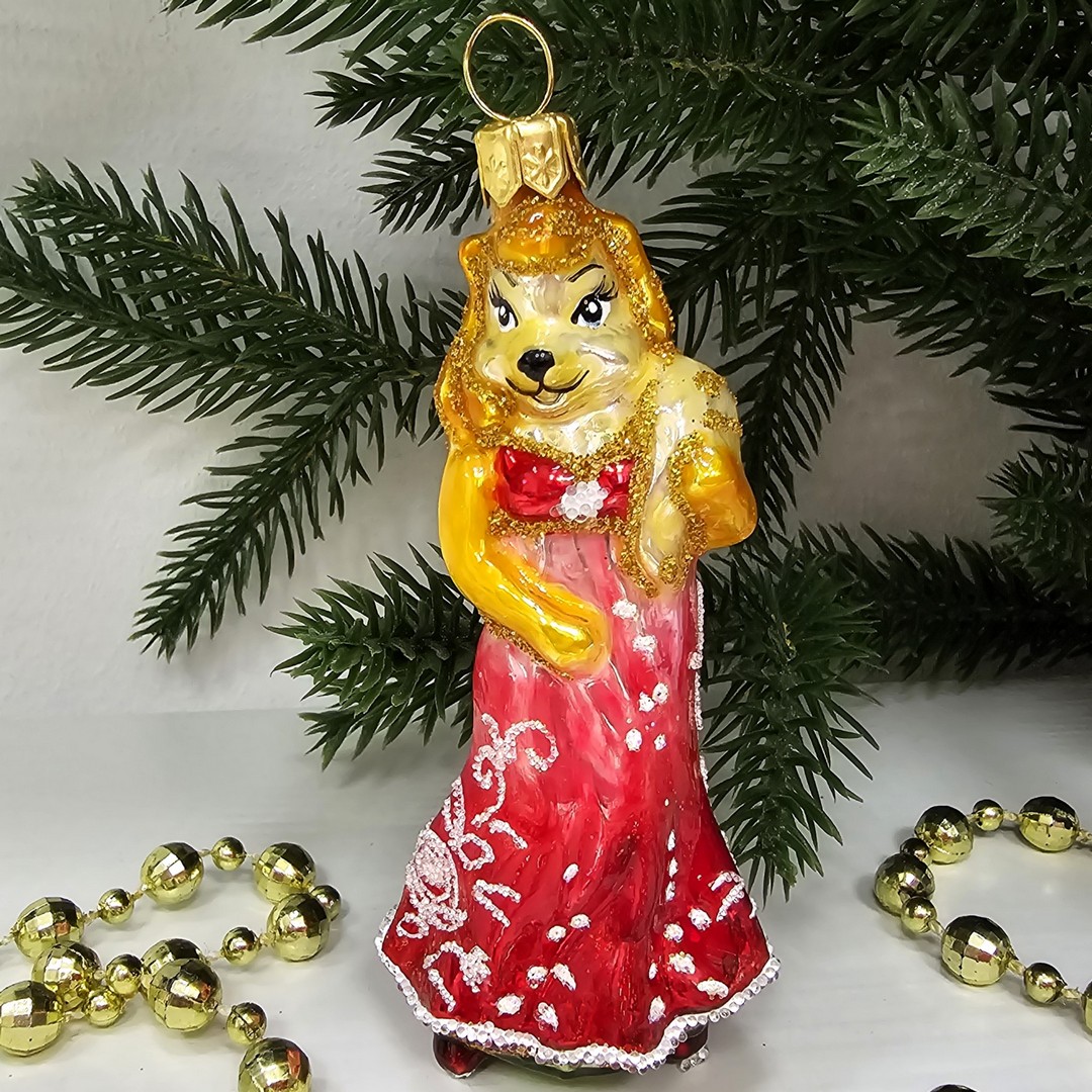 фото Стеклянная елочная игрушка Лиса в платье малая