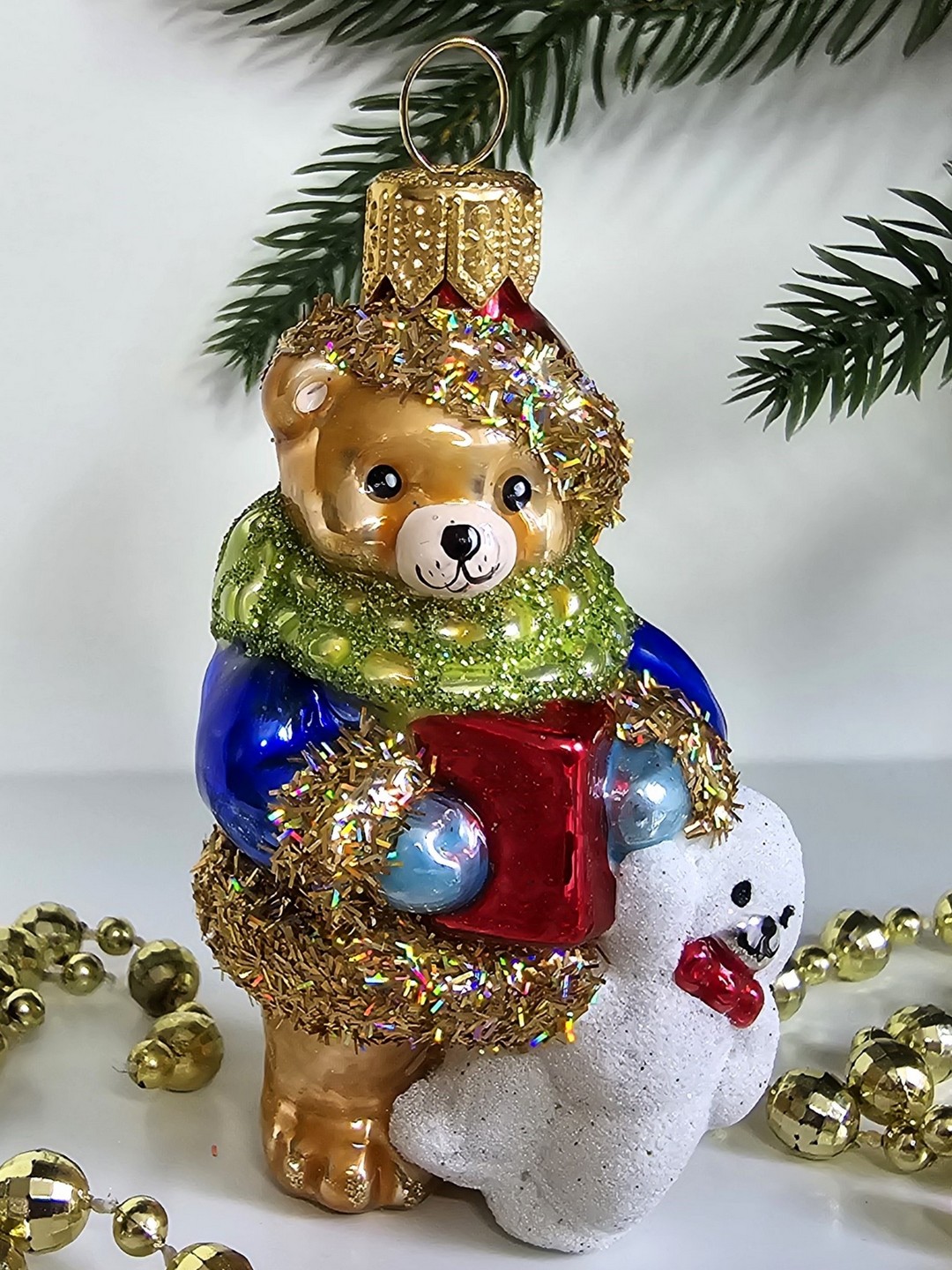фото Стеклянная елочная игрушка Мишка с мишкой