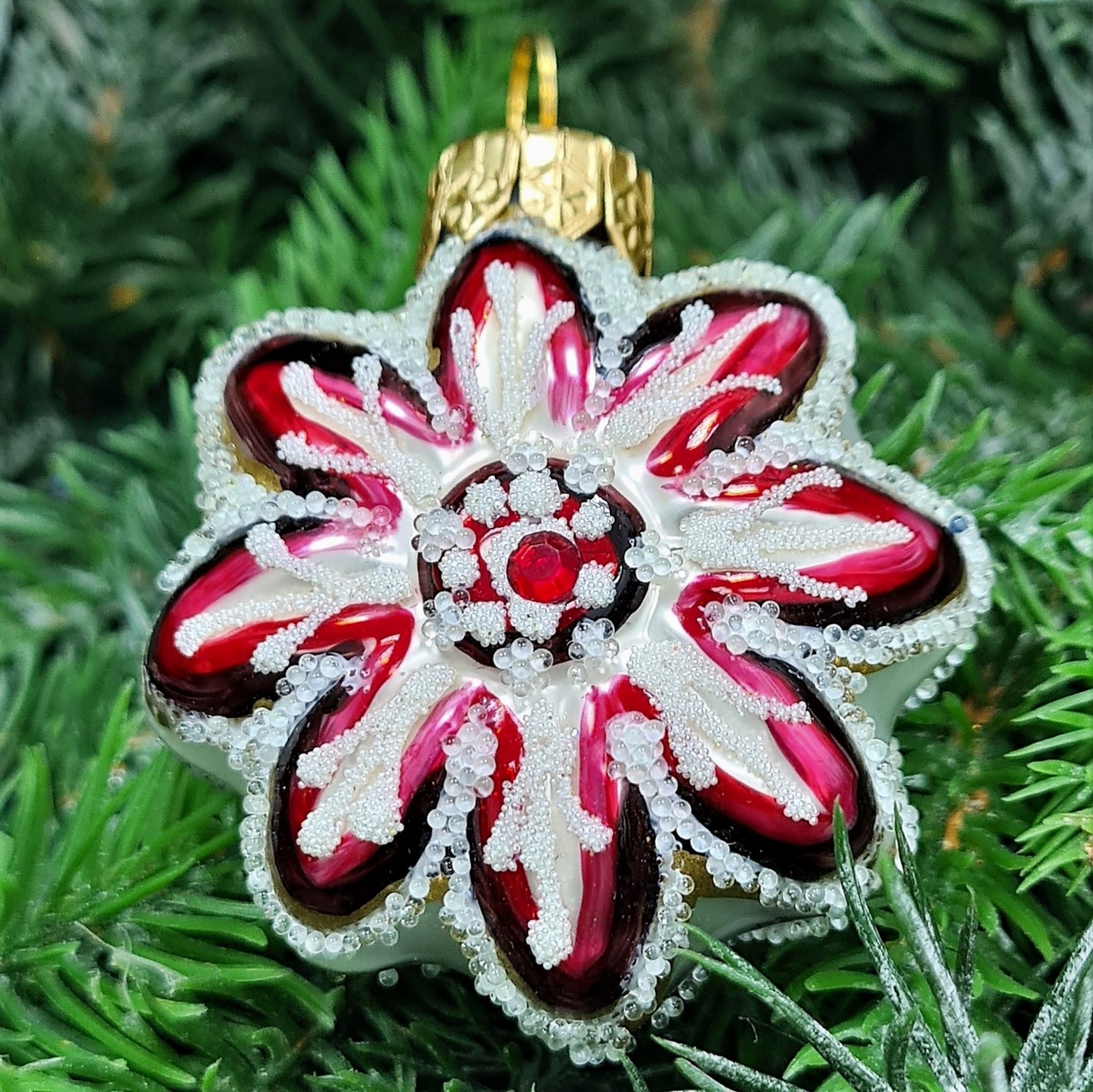 фото Стеклянная елочная игрушка Ромашка красная