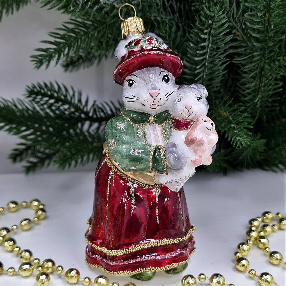 фото Стеклянная елочная игрушка Зайчиха с зайчатами