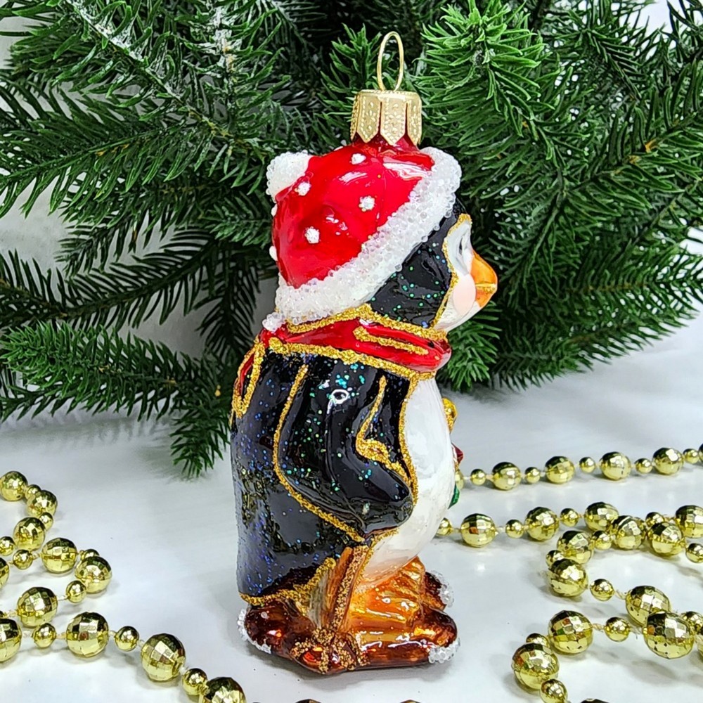 фото Стеклянная елочная игрушка Пингвин на лыжах