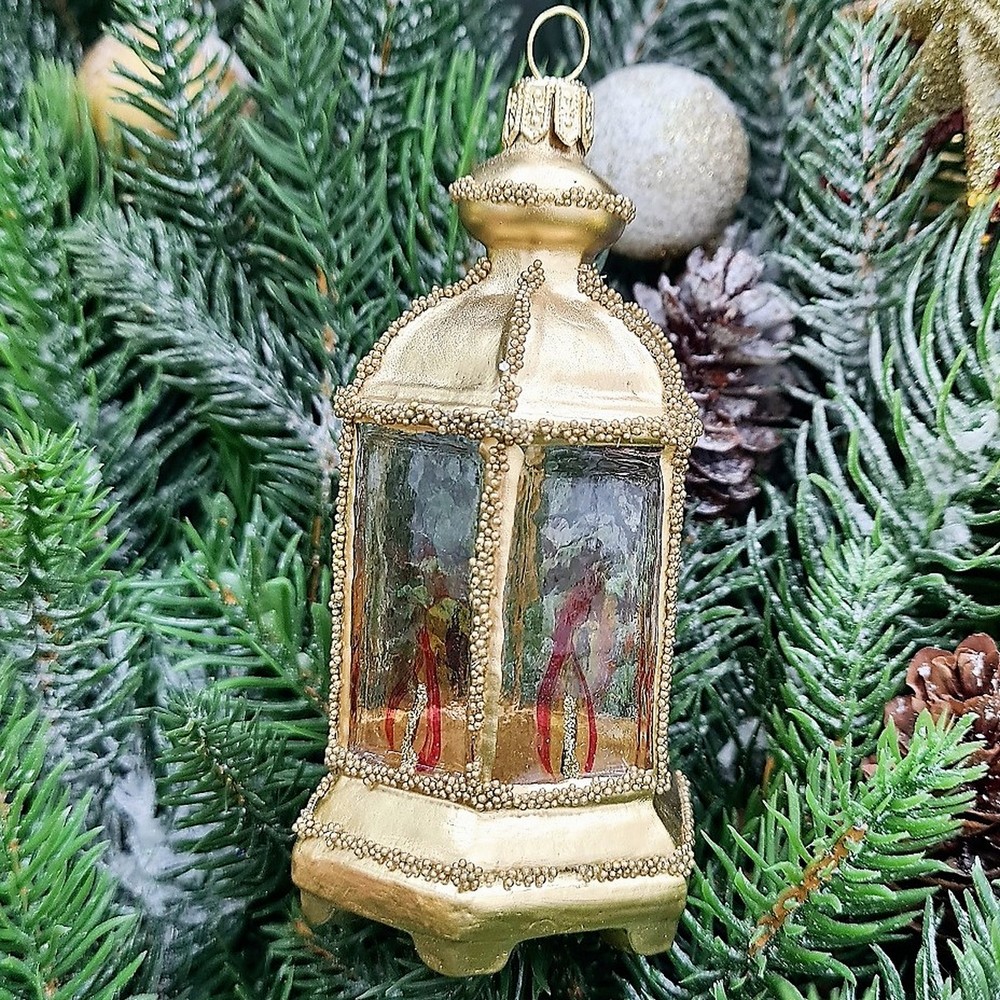 фото Стеклянная елочная игрушка Фонарик золотой