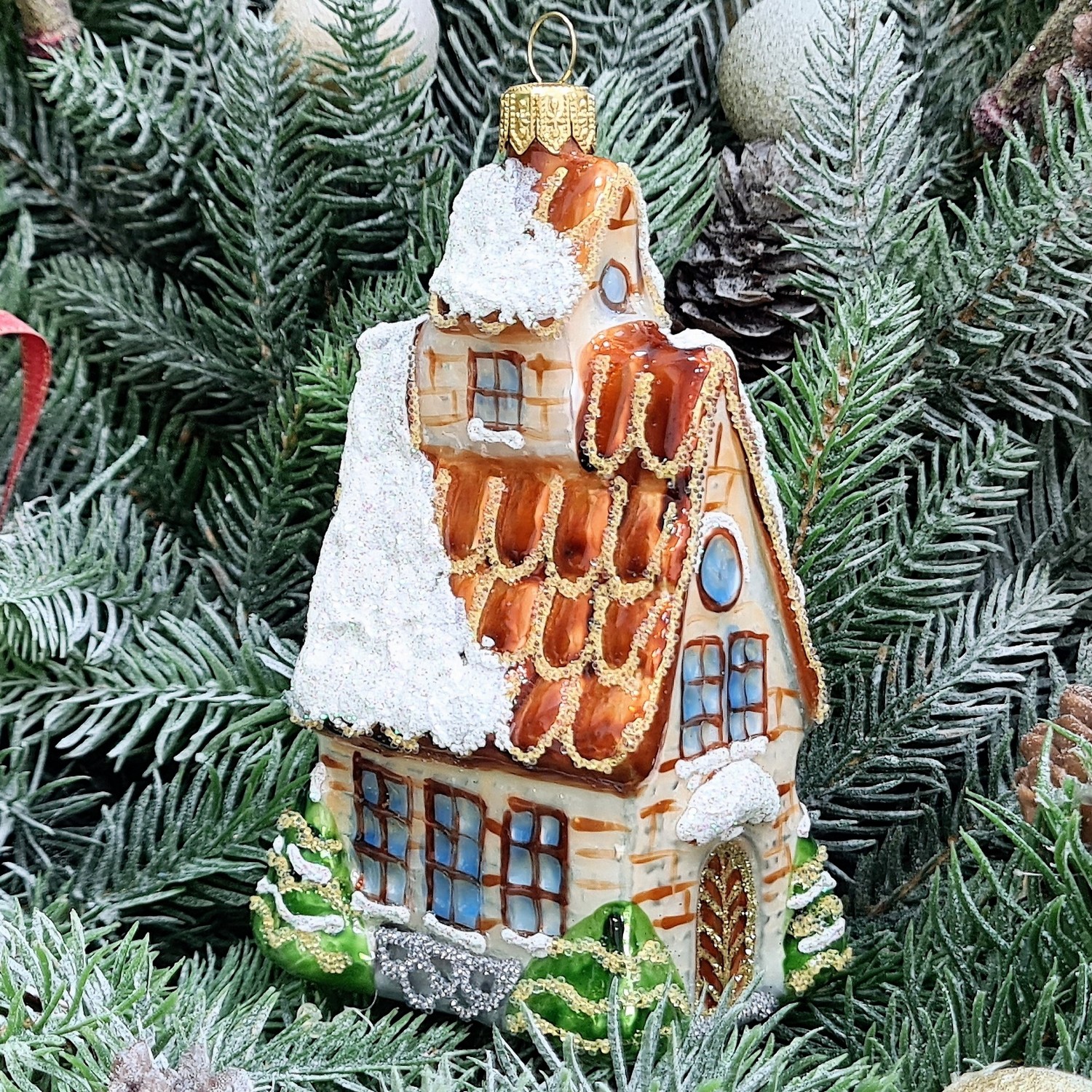 фото Стеклянная елочная игрушка Домик с острой крышей
