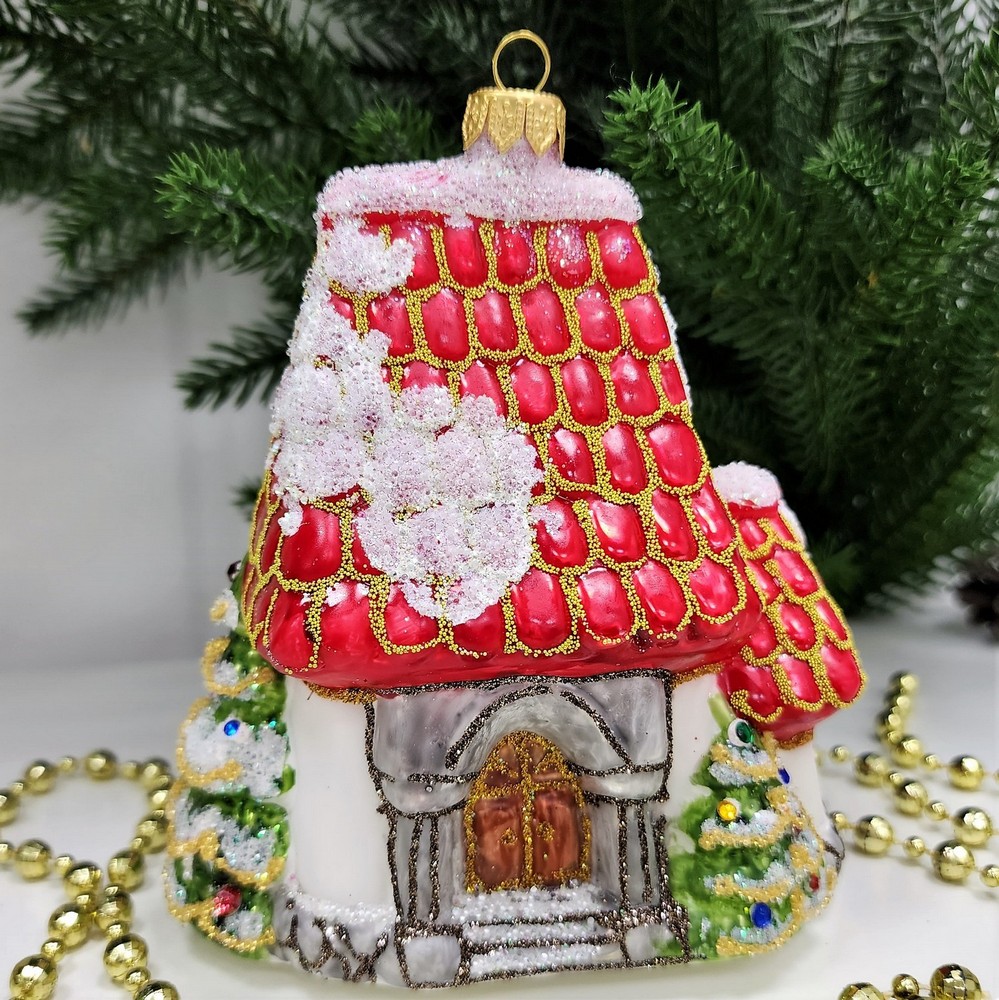 фото Стеклянная елочная игрушка Домик Мельница