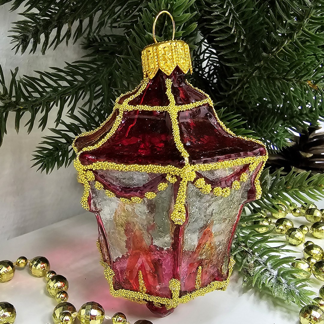 фото Стеклянная елочная игрушка Фонарик красный