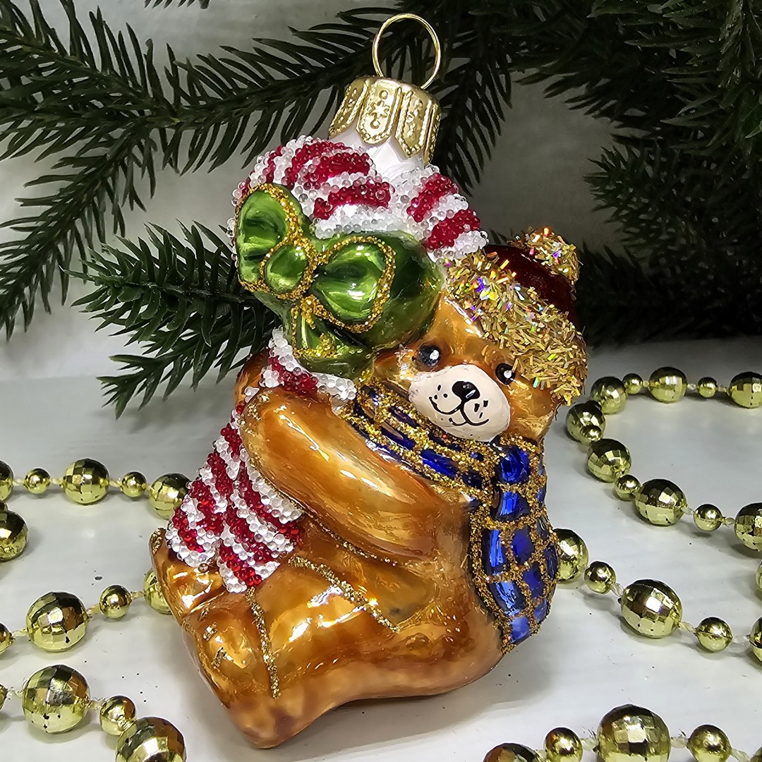 фото Стеклянная елочная игрушка Мишка с сахарной палочкой