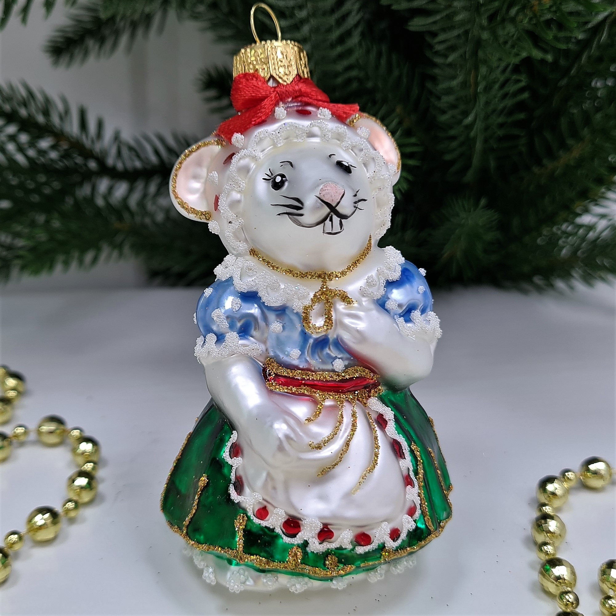 фото Стеклянная елочная игрушка Мышка Хозяйка