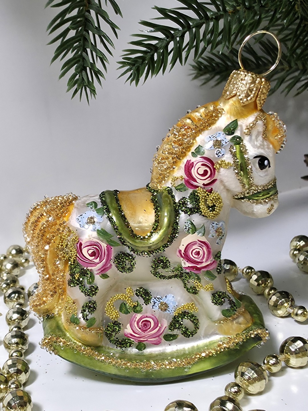 фото Стеклянная елочная игрушка Лошадка качалка Версаль