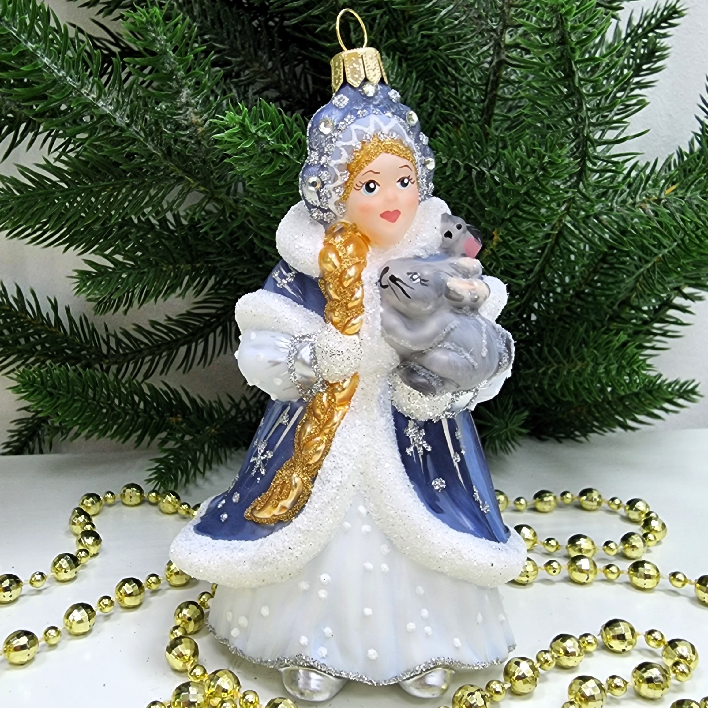 фото Стеклянная елочная игрушка Снегурочка с зайкой и птичкой