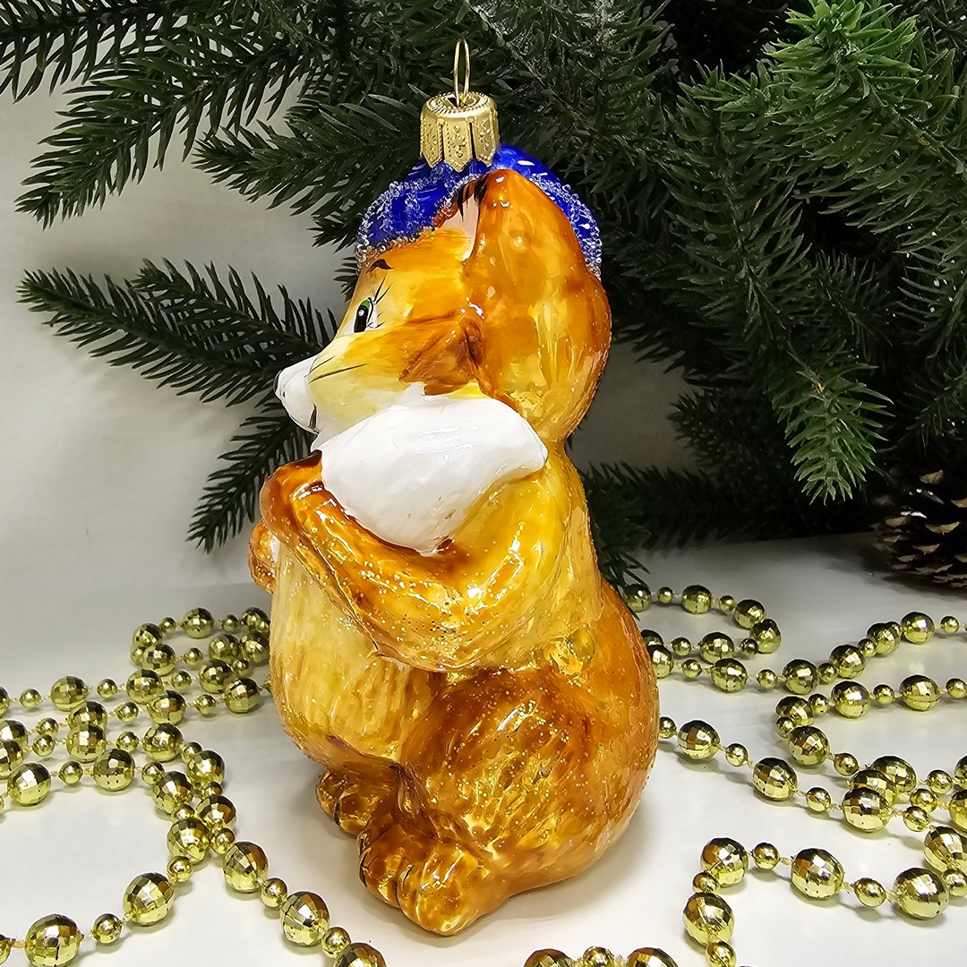 фото Стеклянная елочная игрушка Лисичка в шапке