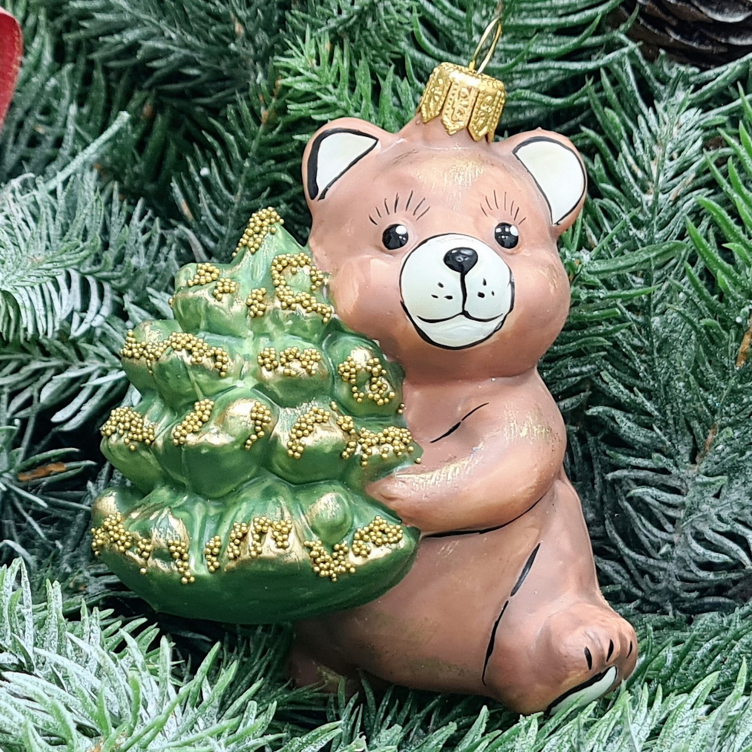 фото Стеклянная елочная игрушка Мишка с елкой винтаж