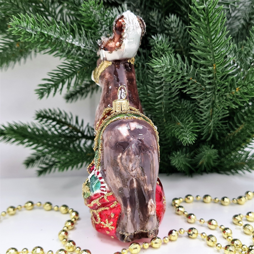 фото Стеклянная елочная игрушка Олень с подарками