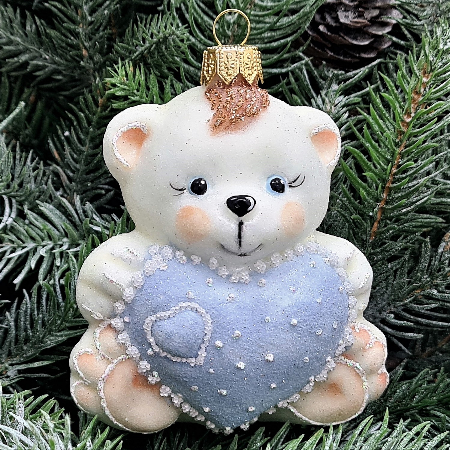 фото Стеклянная елочная игрушка Мишка с сердцем