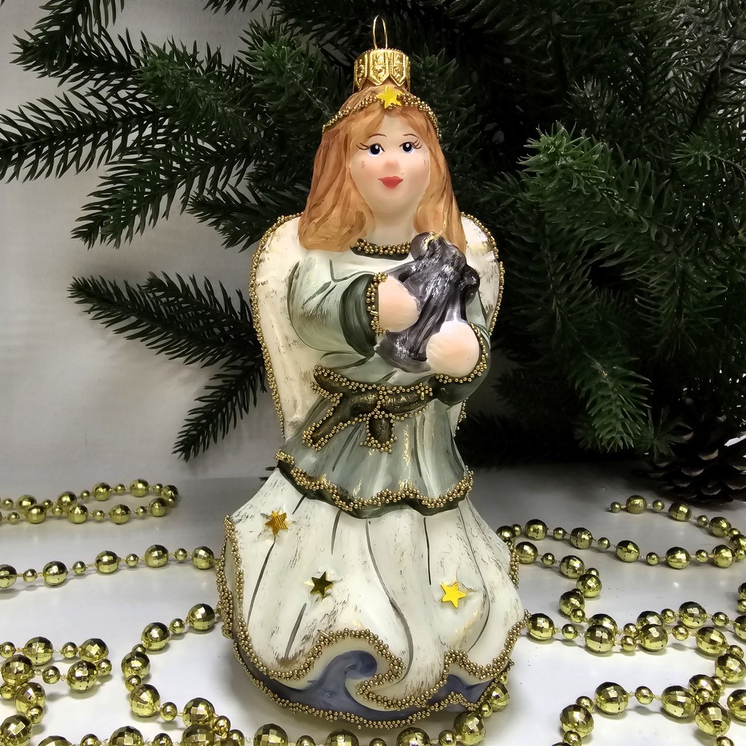 фото Стеклянная елочная игрушка Ангел с арфой винтаж