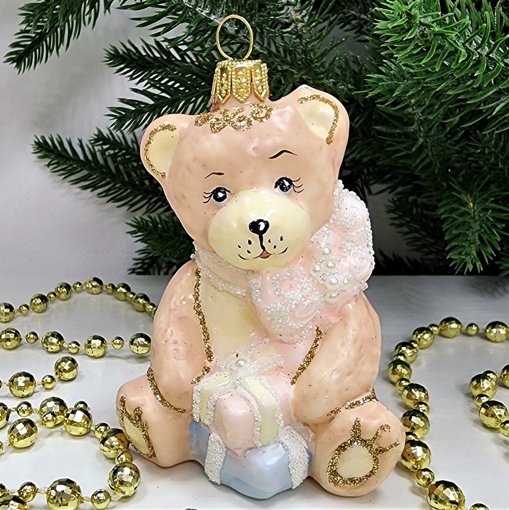 фото Стеклянная елочная игрушка Мишка с подарками детский
