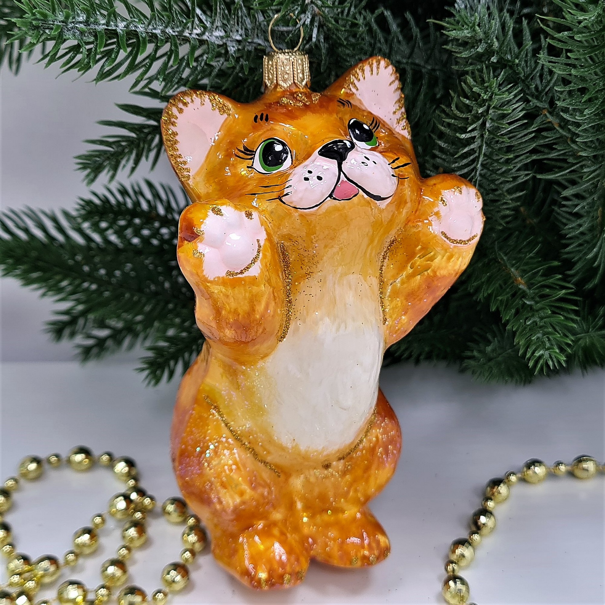 фото Стеклянная елочная игрушка Рыжий котик