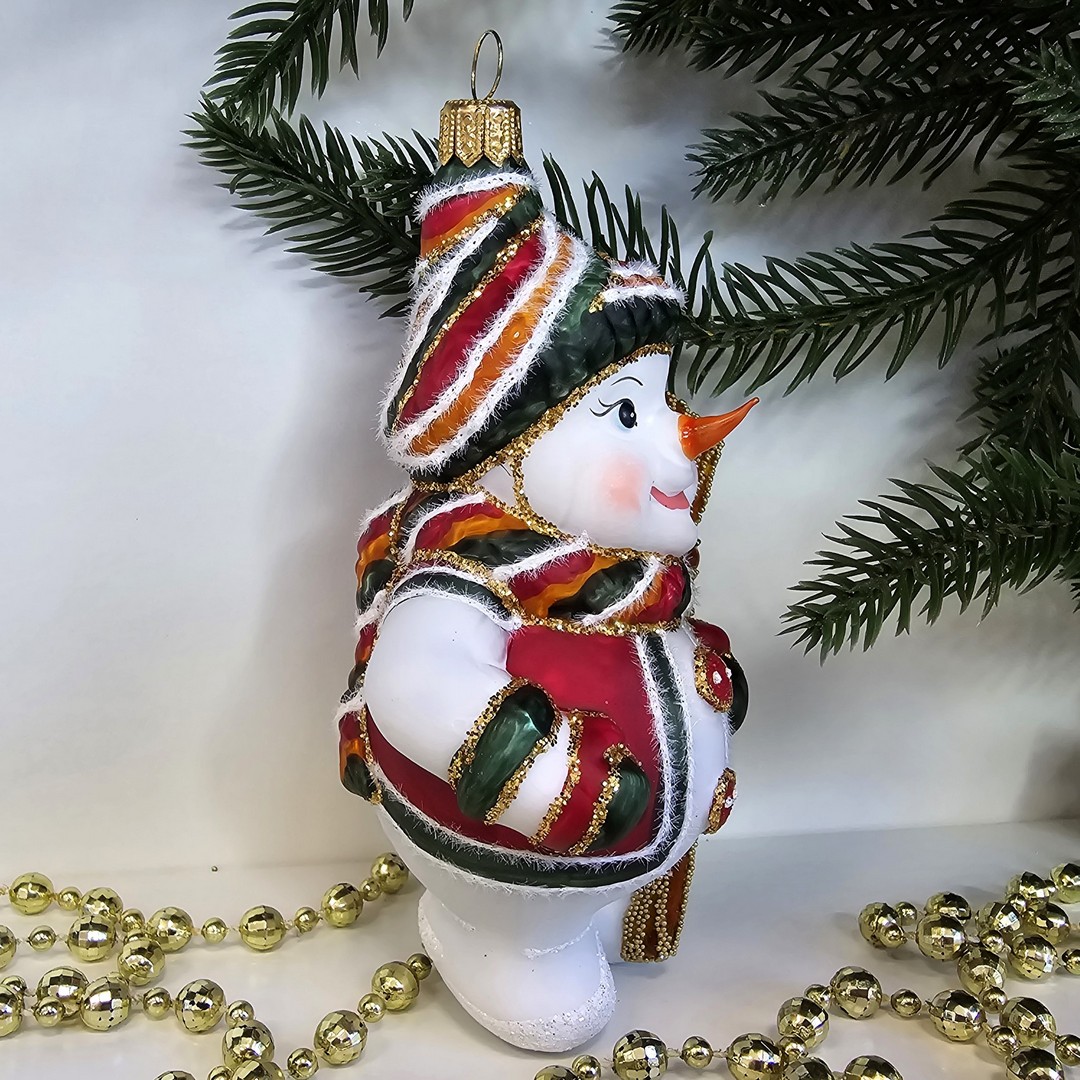 фото Стеклянная елочная игрушка Снеговик с метлой