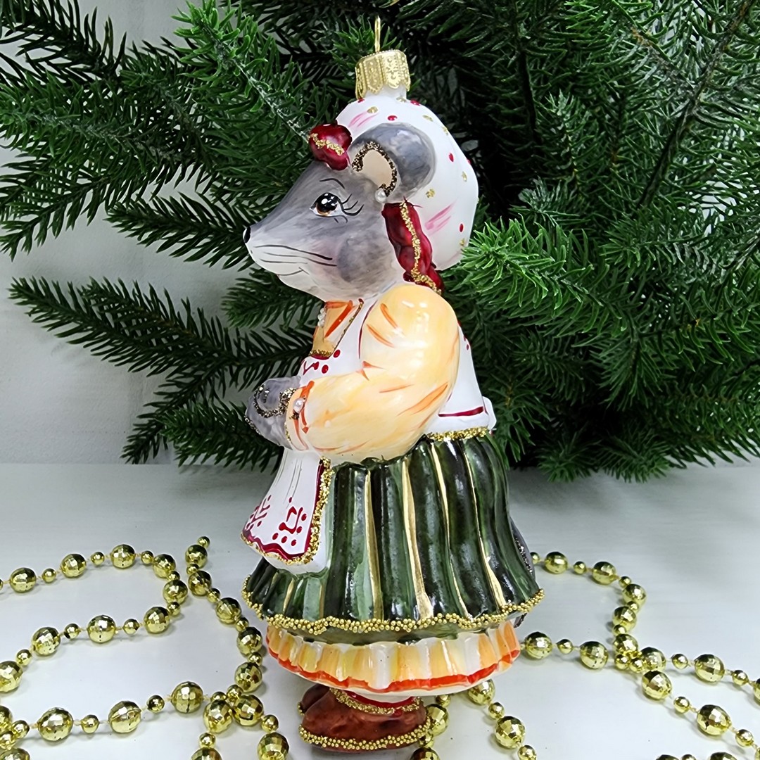 фото Стеклянная елочная игрушка Мышка Хозяйка