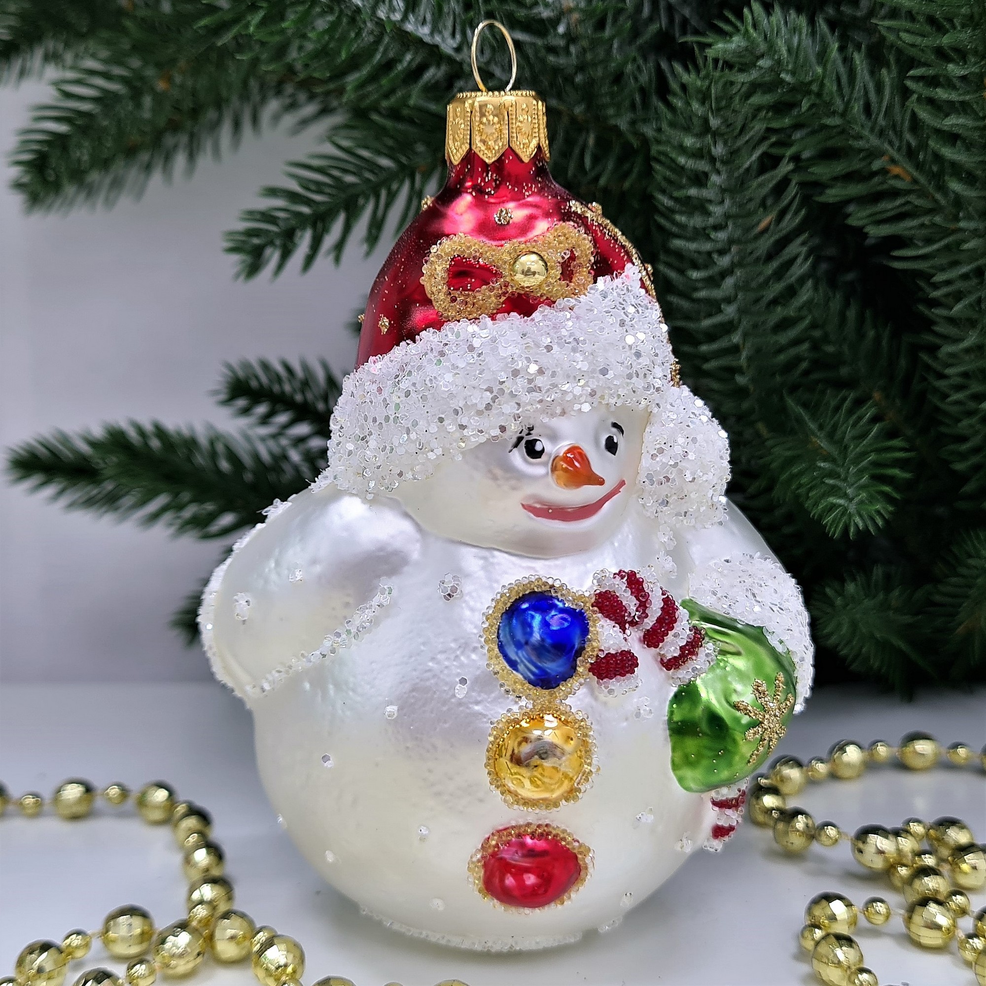 фото Стеклянная елочная игрушка Снеговик