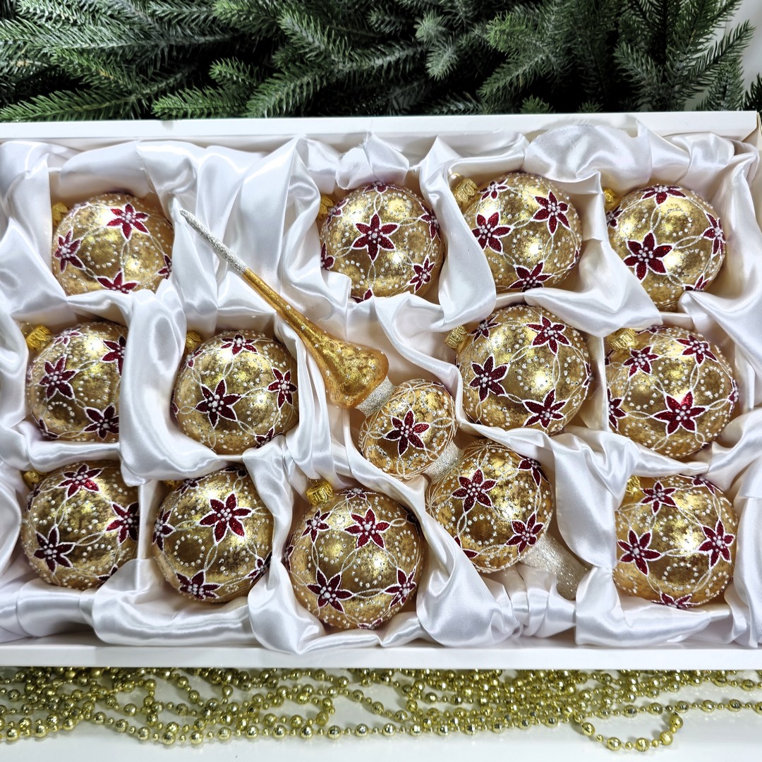 фото Набор елочных игрушек Цветы на золоте