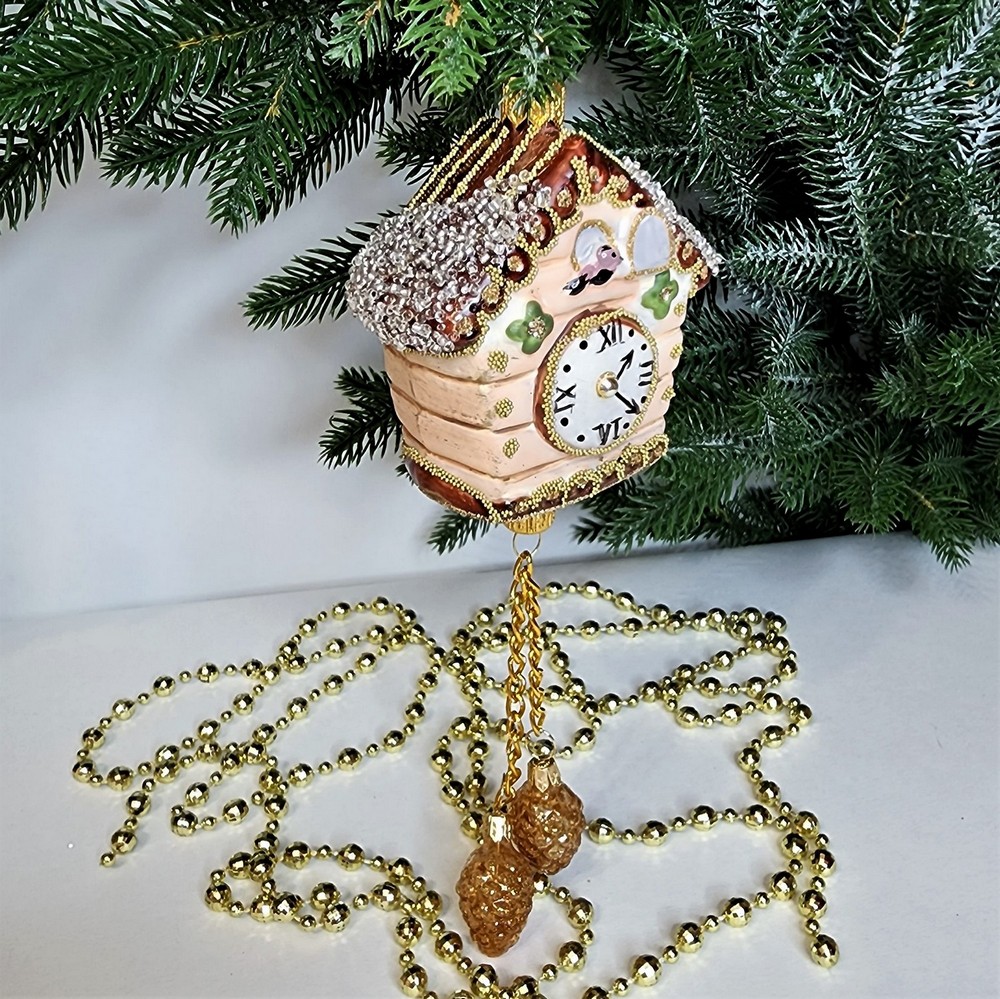 фото Стеклянная елочная игрушка Часы с кукушкой винтаж
