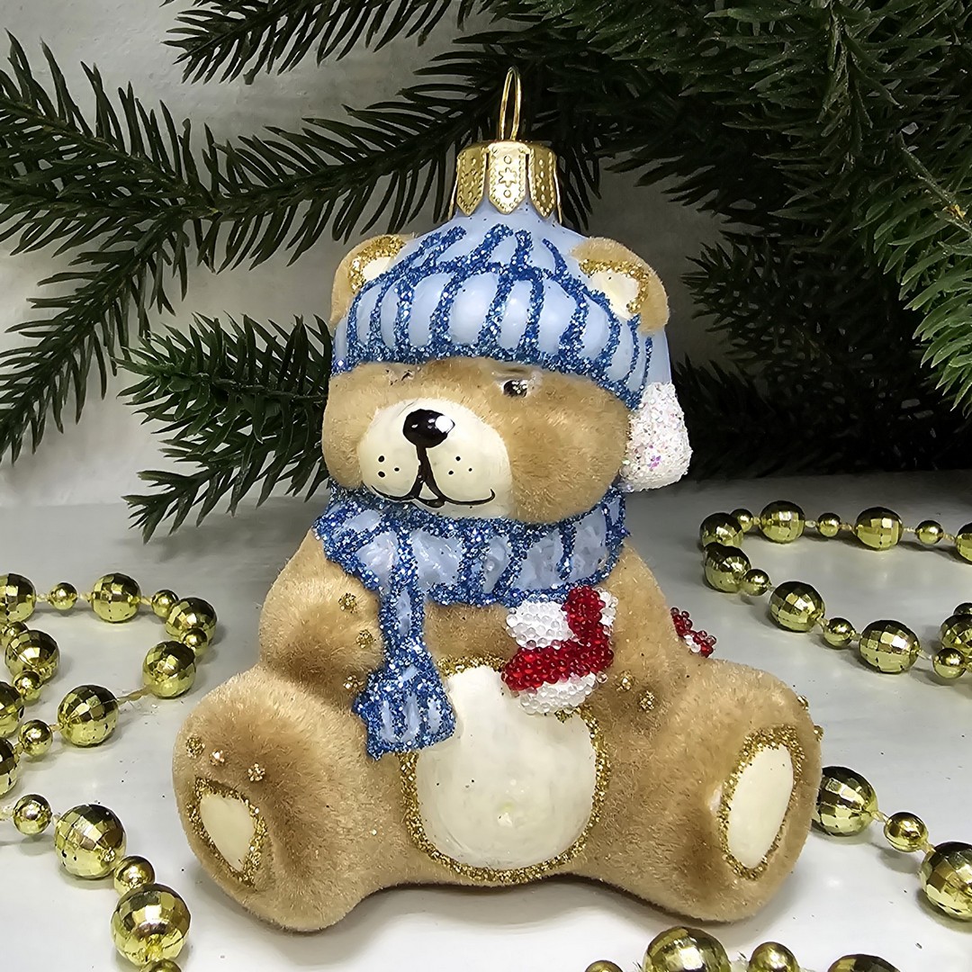 фото Стеклянная елочная игрушка Мишка беби флок