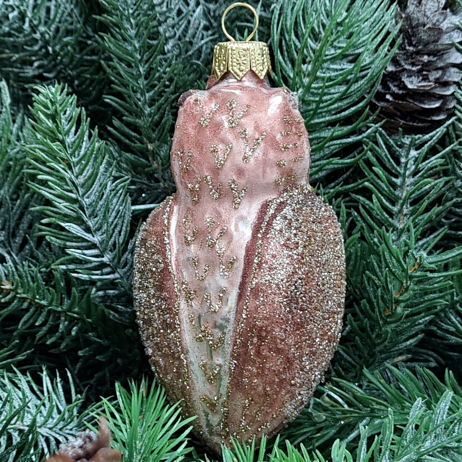 фото Стеклянная елочная игрушка Сова коричневая