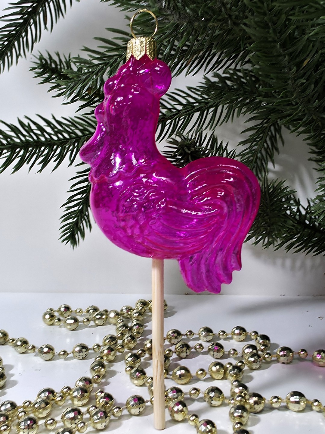 фото Стеклянная елочная игрушка Петушок на палочке