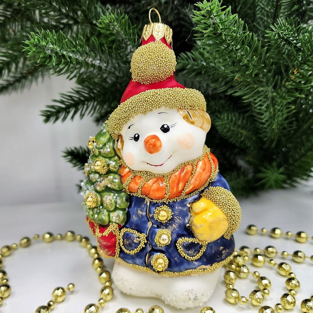 фото Стеклянная елочная игрушка Снеговик с елкой винтаж