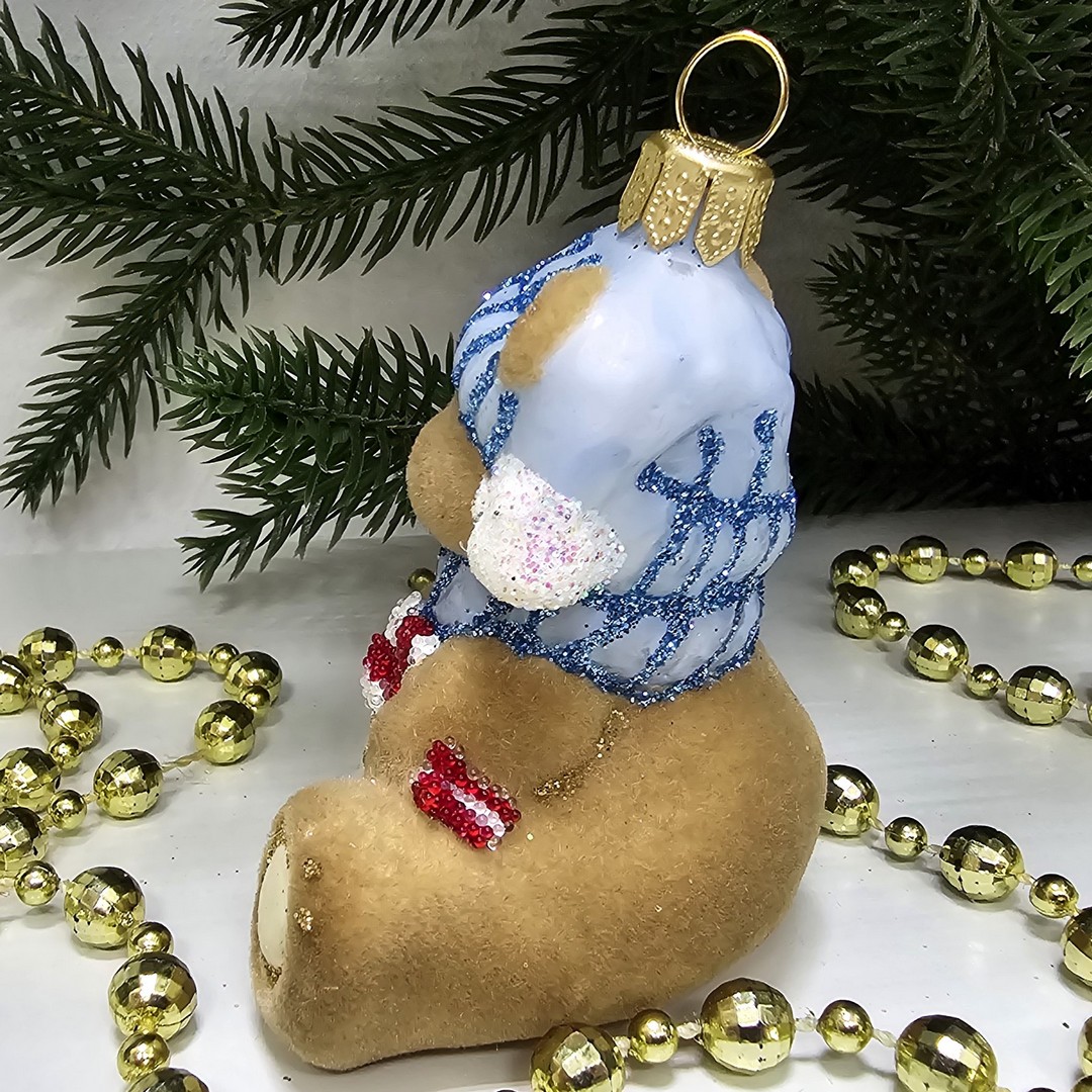 фото Стеклянная елочная игрушка Мишка беби флок