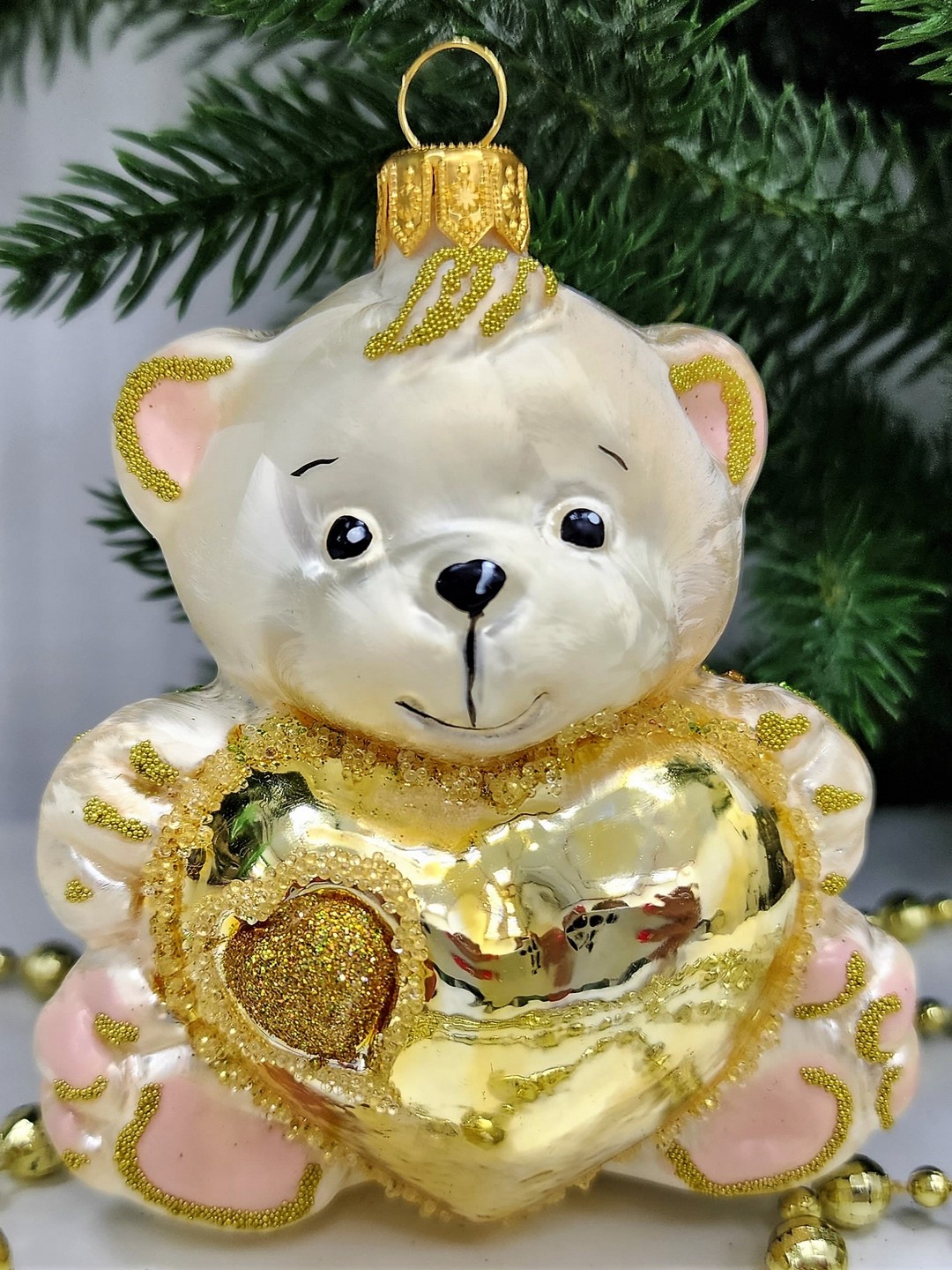 фото Стеклянная елочная игрушка Мишка с сердцем Версаль