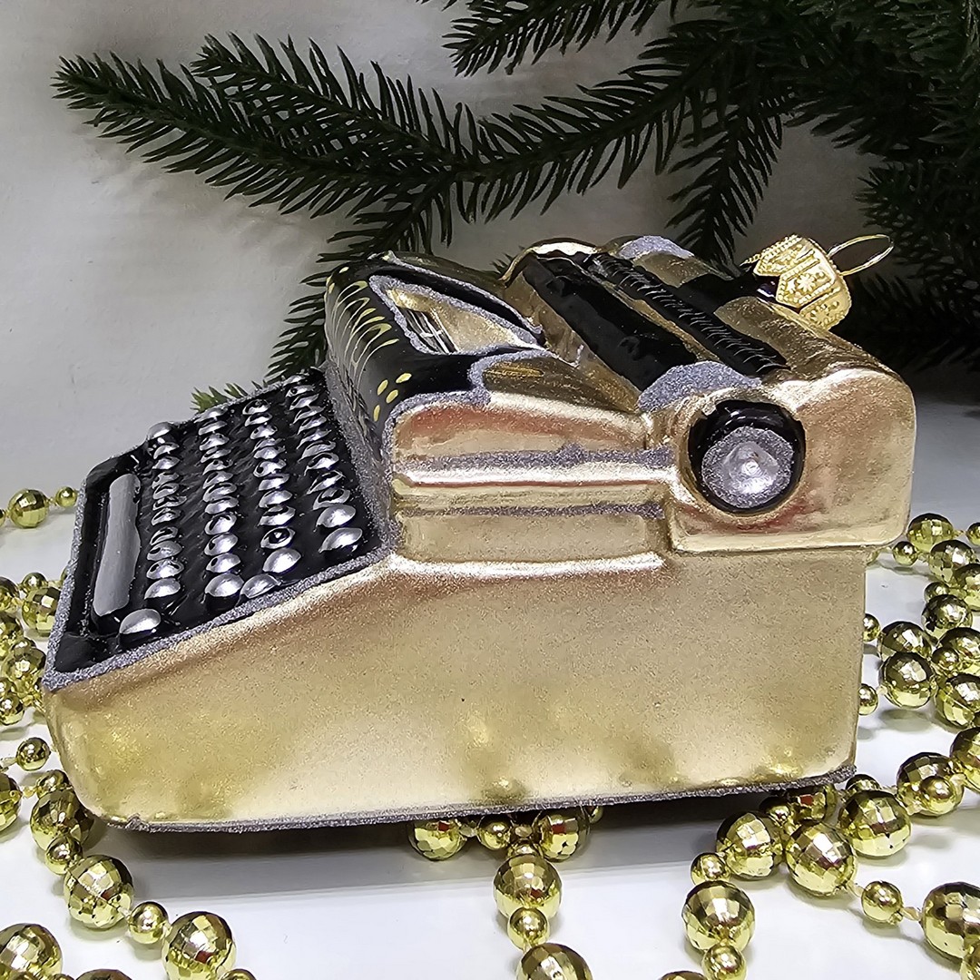 фото Стеклянная елочная игрушка Печатная машинка ретро