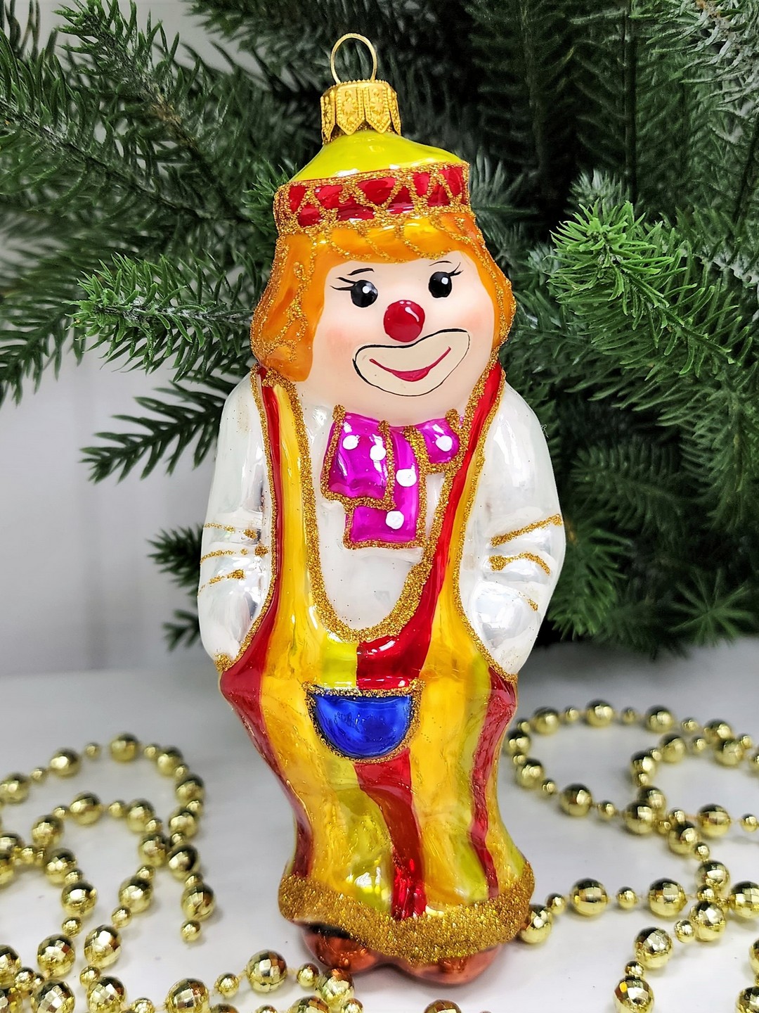 фото Стеклянная елочная игрушка Клоун с бантом