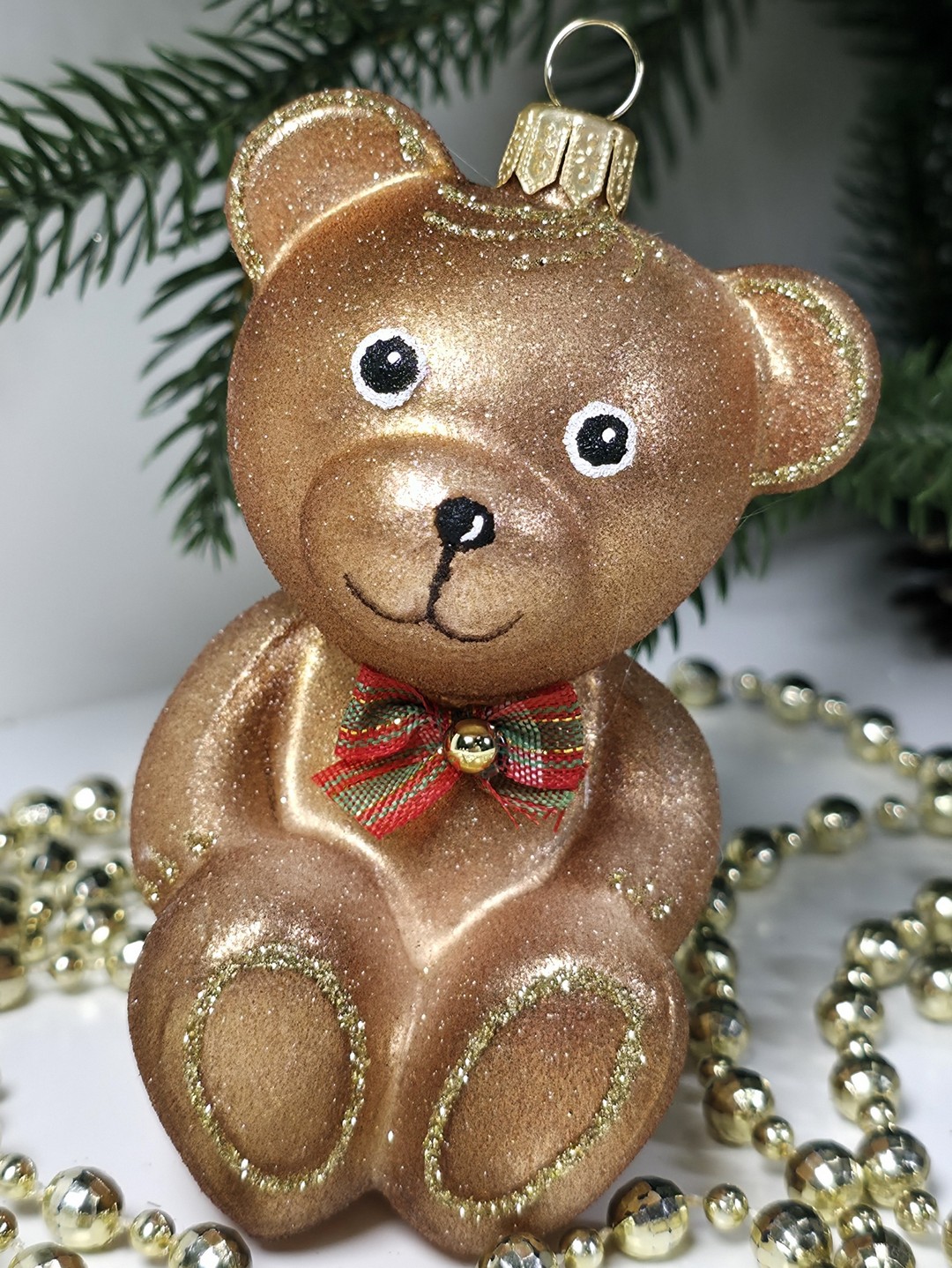 фото Стеклянная елочная игрушка Мишка с бантом