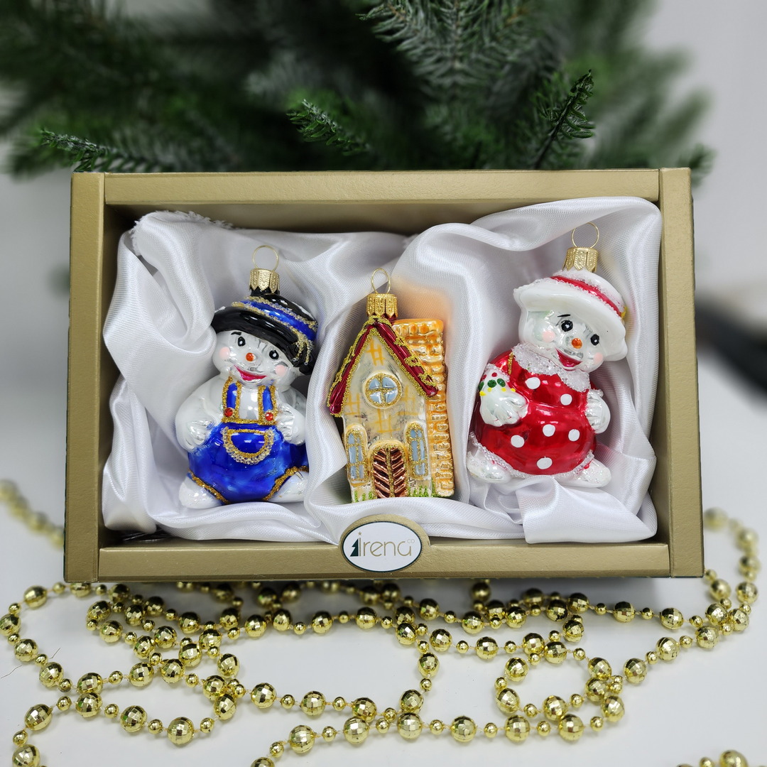 фото Набор ёлочных игрушек Снеговики и домик