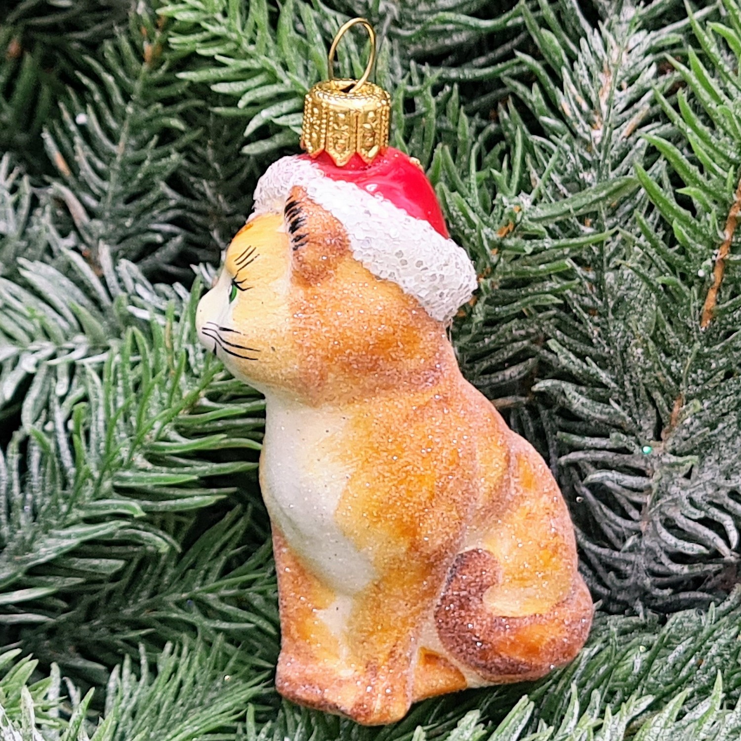 фото Стеклянная елочная игрушка Котик в шапке рыжий