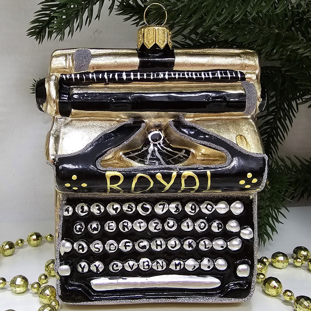 фото Стеклянная елочная игрушка Печатная машинка ретро