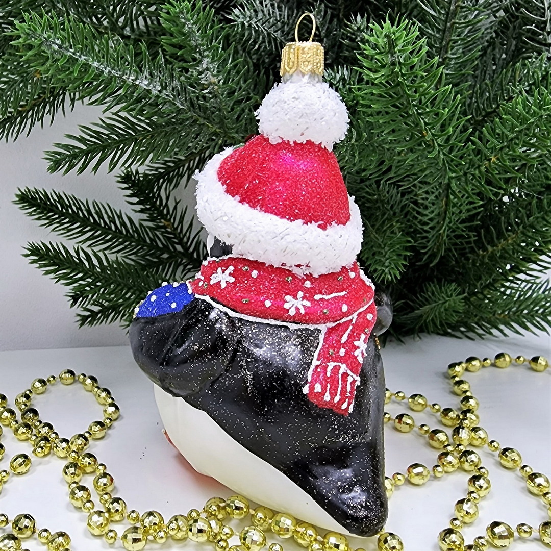 фото Стеклянная елочная игрушка Пингвин с барабаном