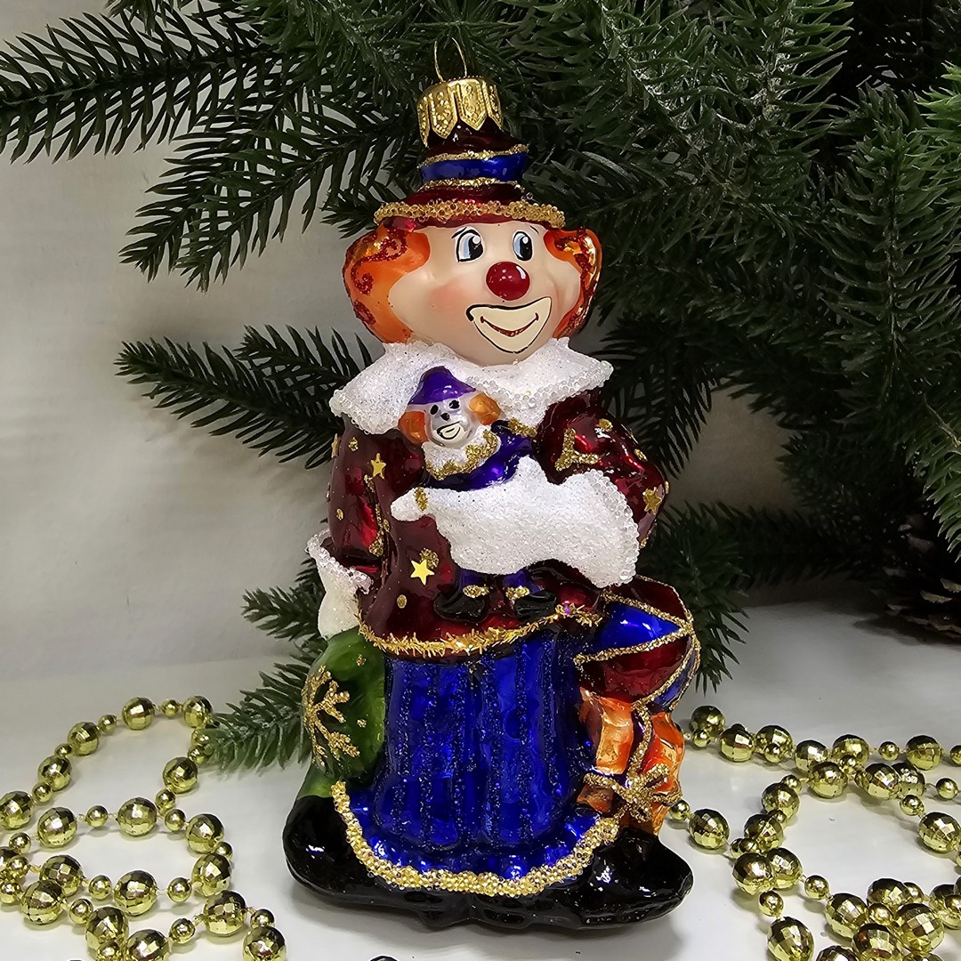 фото Стеклянная елочная игрушка Клоун с подарками