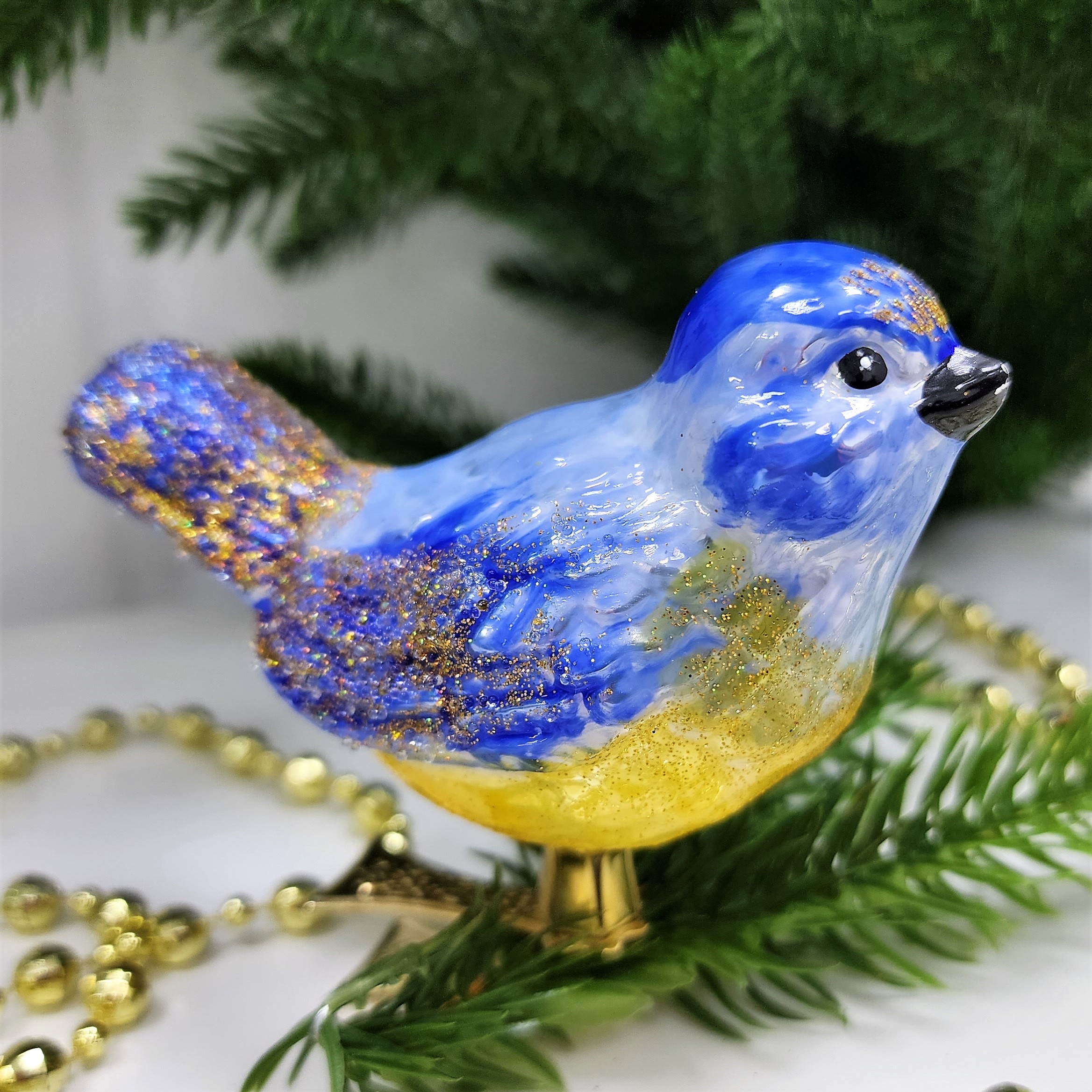 фото Стеклянная елочная игрушка Синичка на прищепке