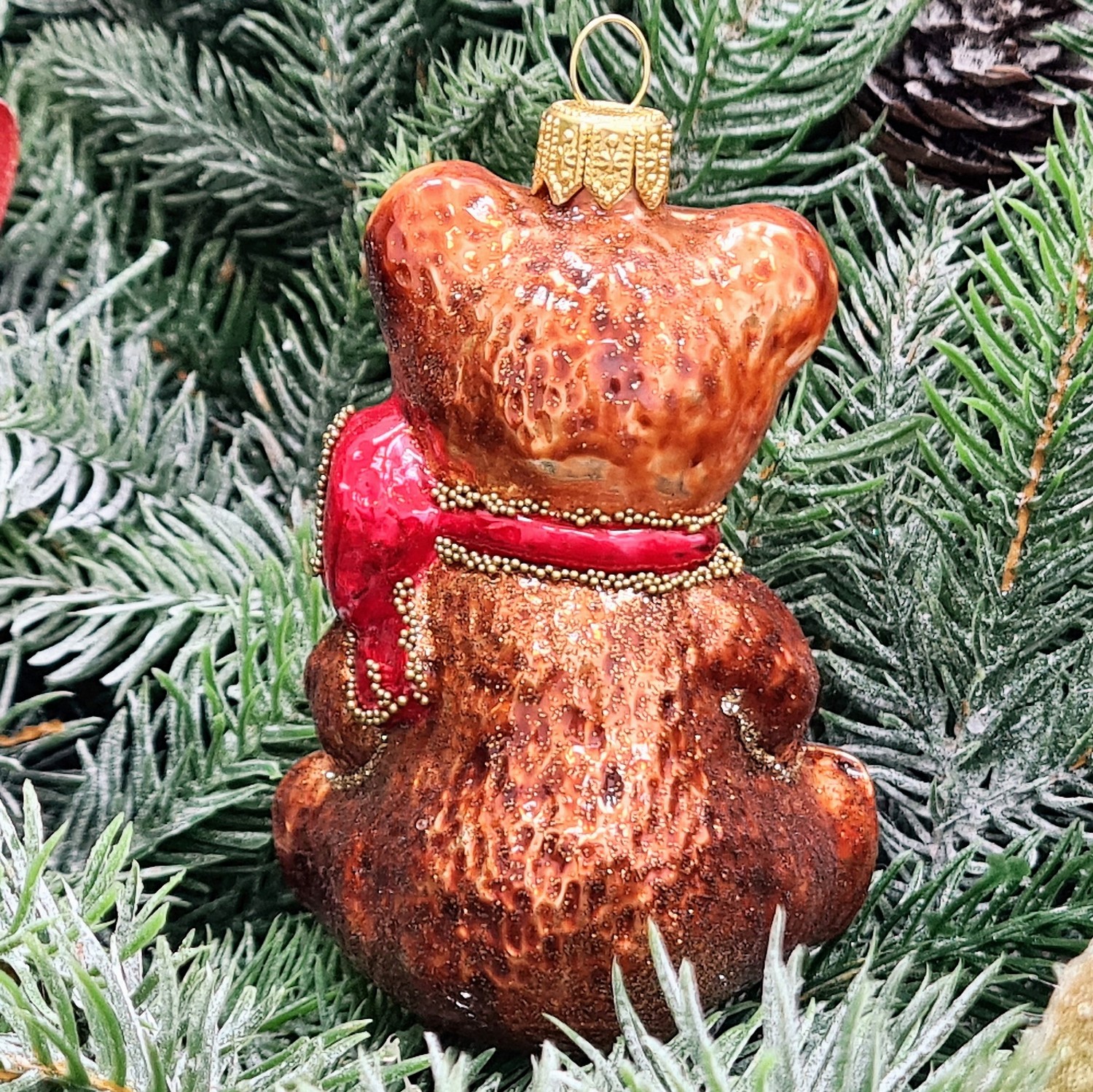 фото Стеклянная елочная игрушка Мишка с подарками
