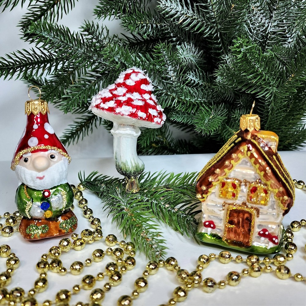 фото Набор ёлочных игрушек Гномик, домик и грибок