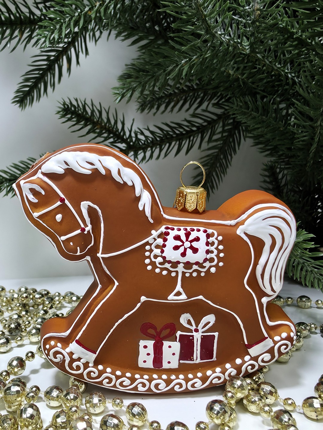 фото Стеклянная елочная игрушка Лошадка пряник