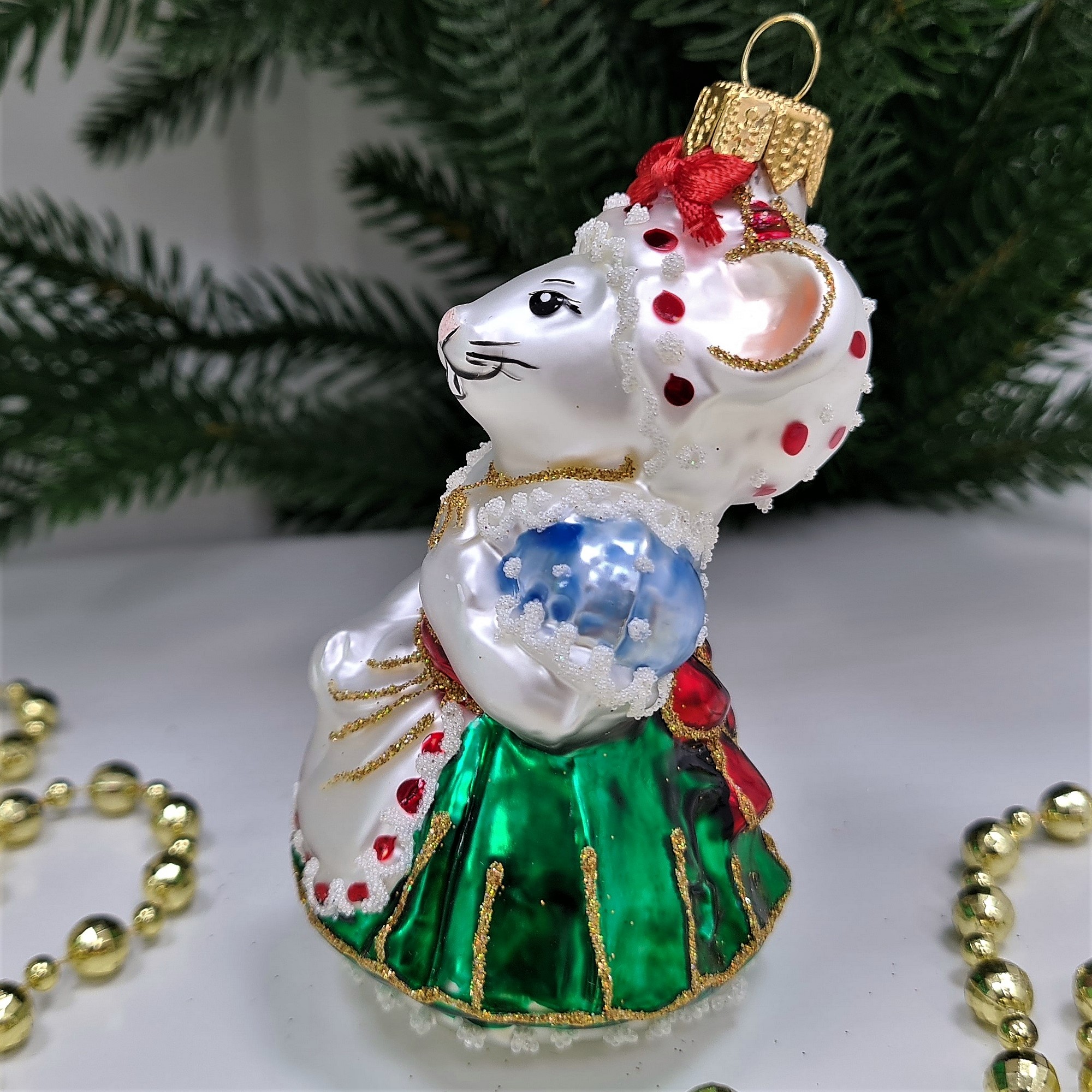 фото Стеклянная елочная игрушка Мышка Хозяйка