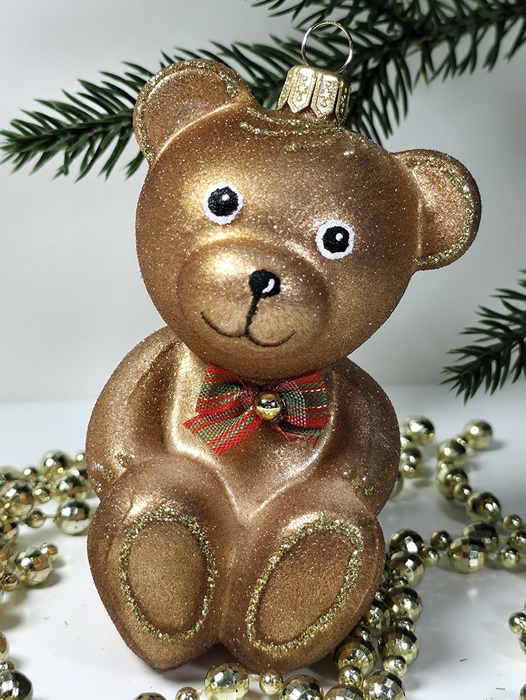 фото Стеклянная елочная игрушка Мишка с бантом