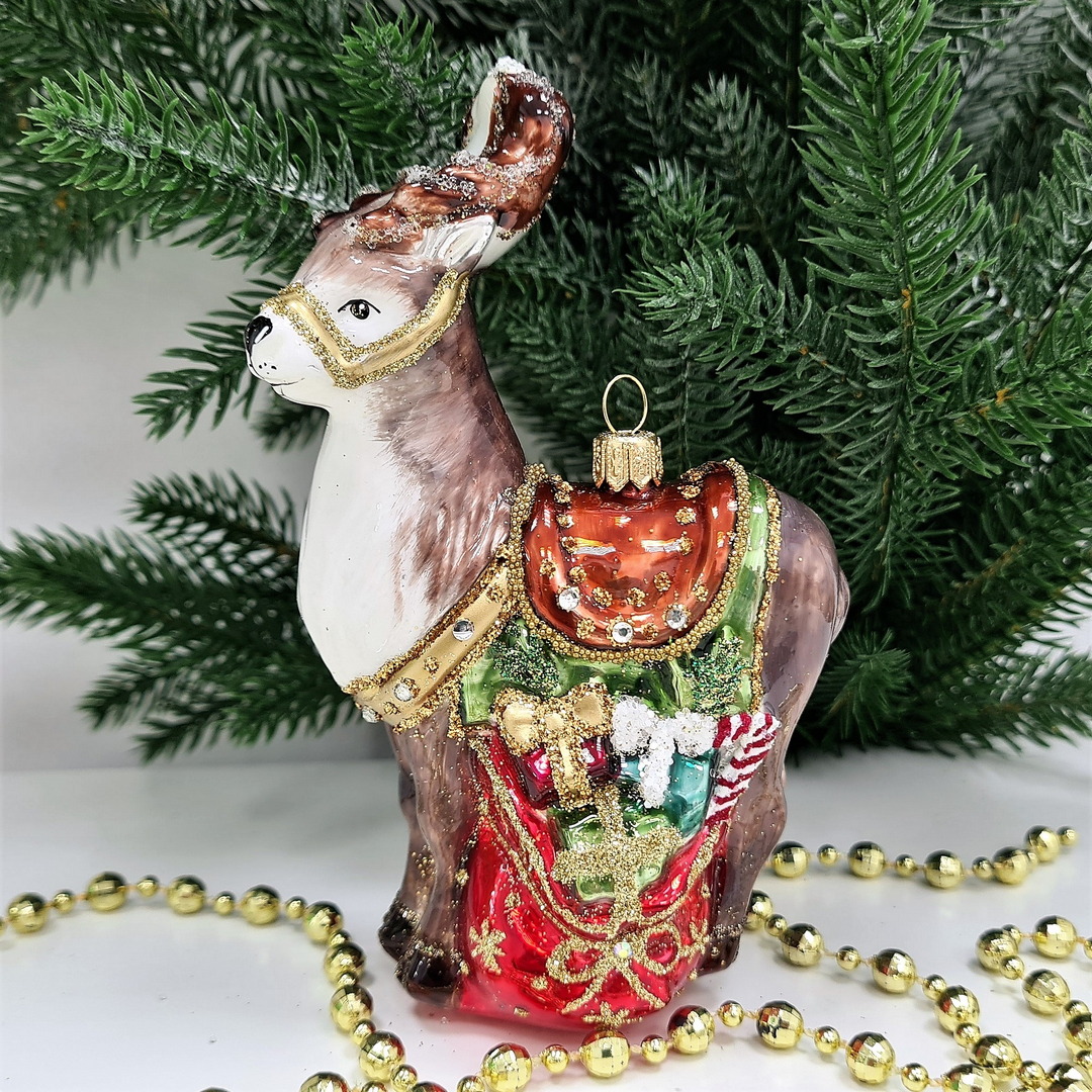фото Стеклянная елочная игрушка Олень с подарками