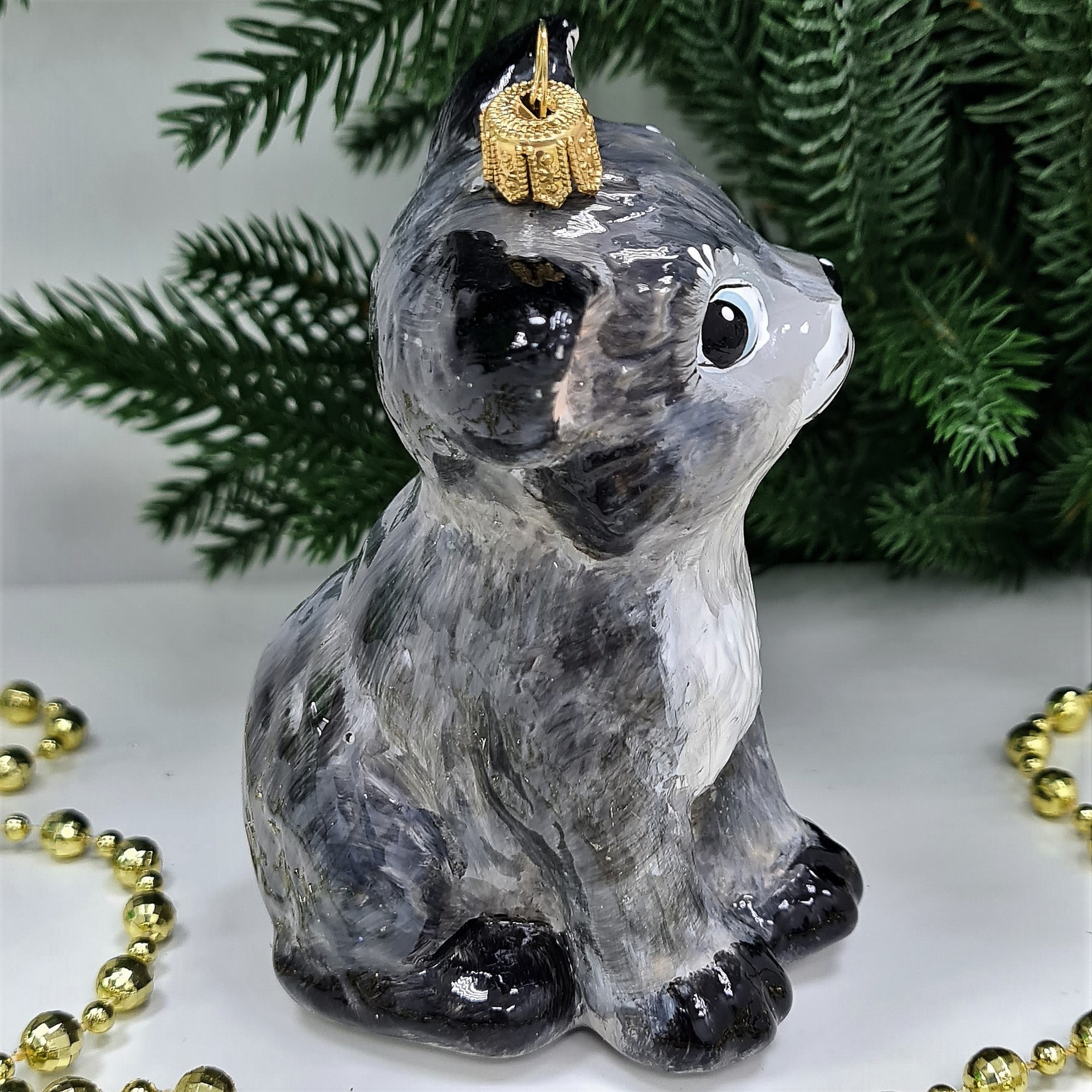 фото Стеклянная елочная игрушка Серый котик