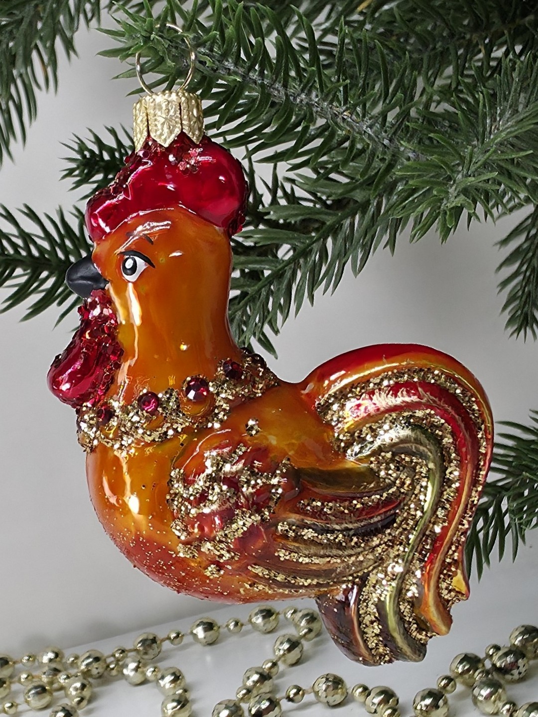 фото Стеклянная елочная игрушка Золотой петушок