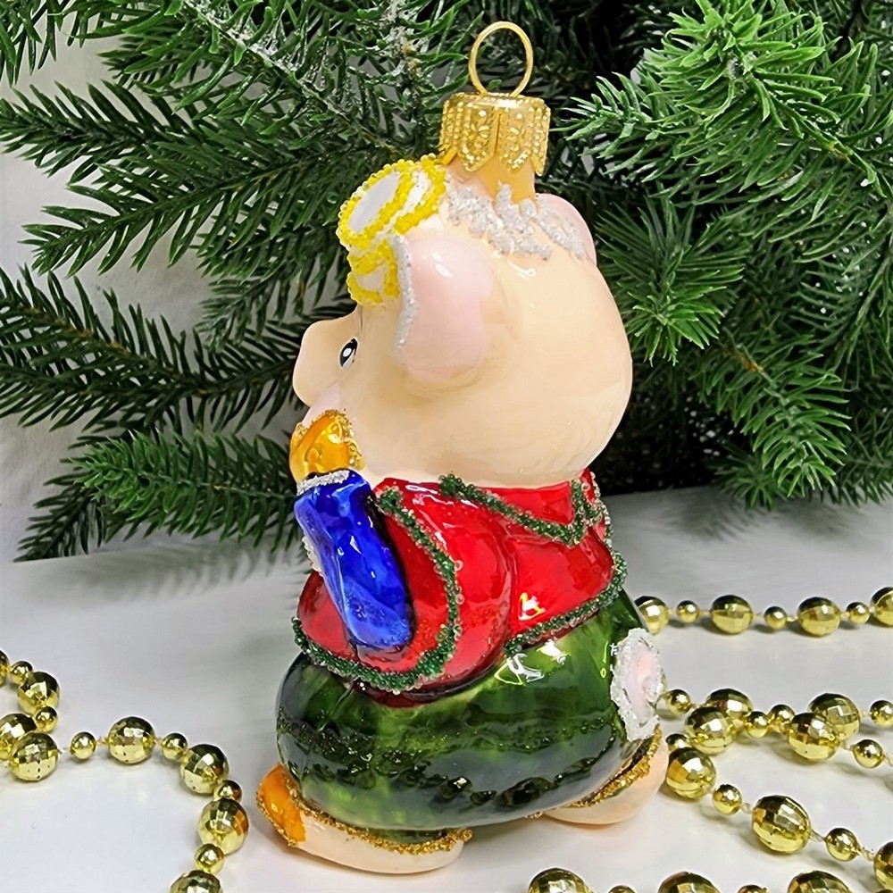 фото Стеклянная елочная игрушка Поросенок в шляпке